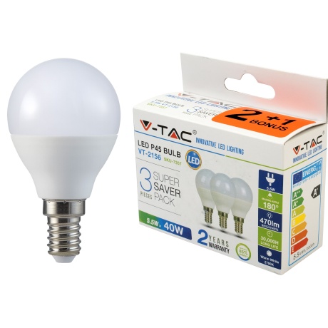 LED lamp 3-pakk, E14 Globe/5,5W/470lm